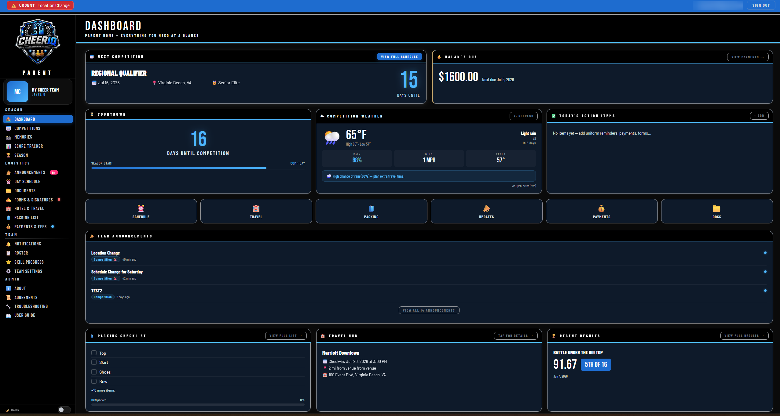 CheerIQ Parent dashboard showing next competition countdown, balance due, competition weather, today's action items, quick links, team announcements, packing checklist, travel hub, and recent results